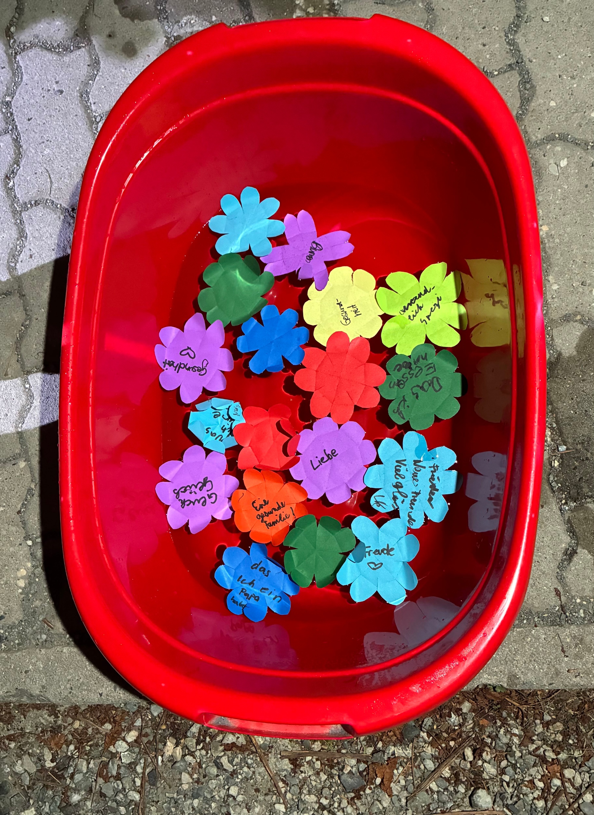 Die aufgeblühten Papierblumen schwimmen auf dem Wasser.