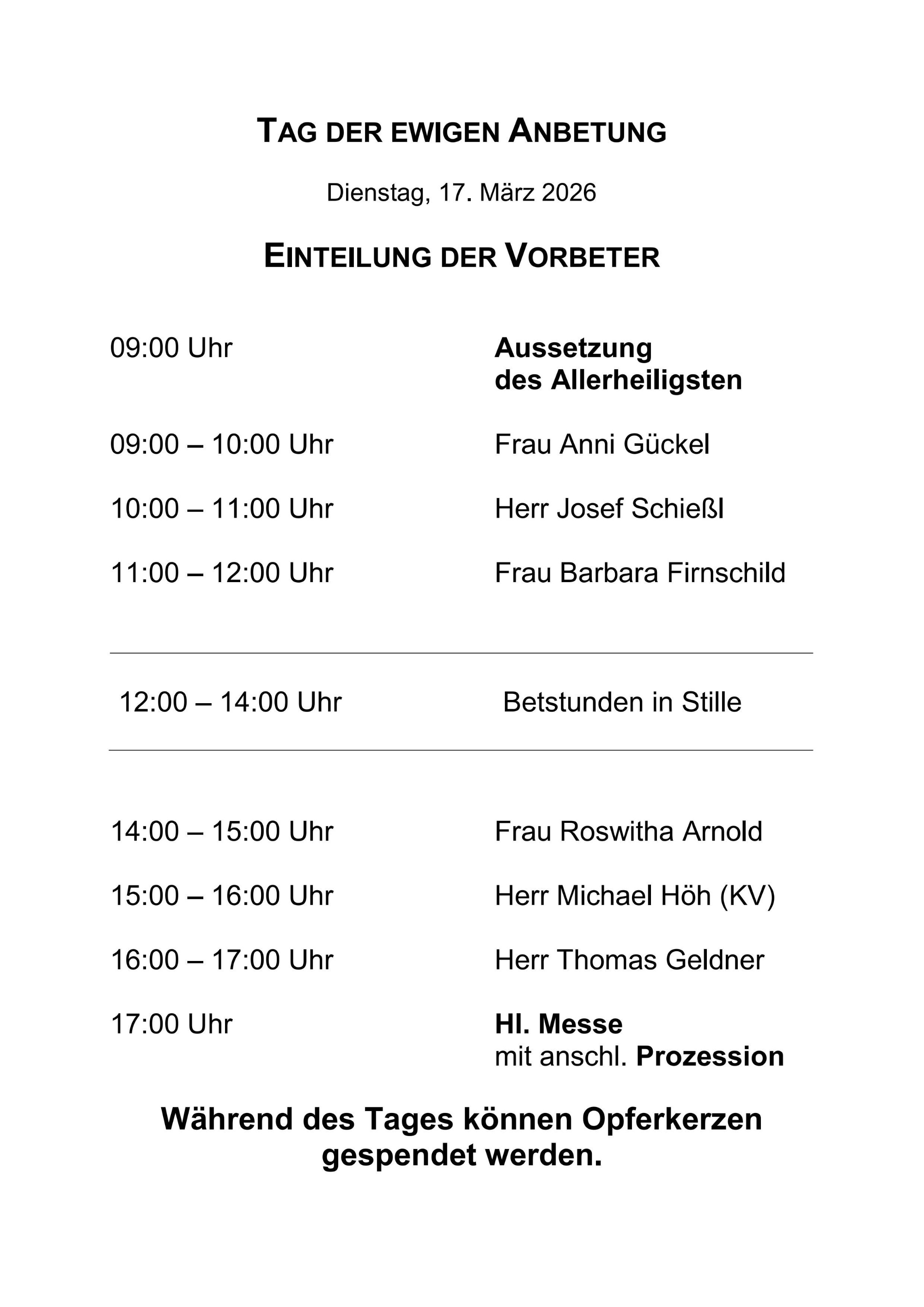 Tag der ewigen Anbetung 17.03.2026 - Einteilung der Vorbeter/innen