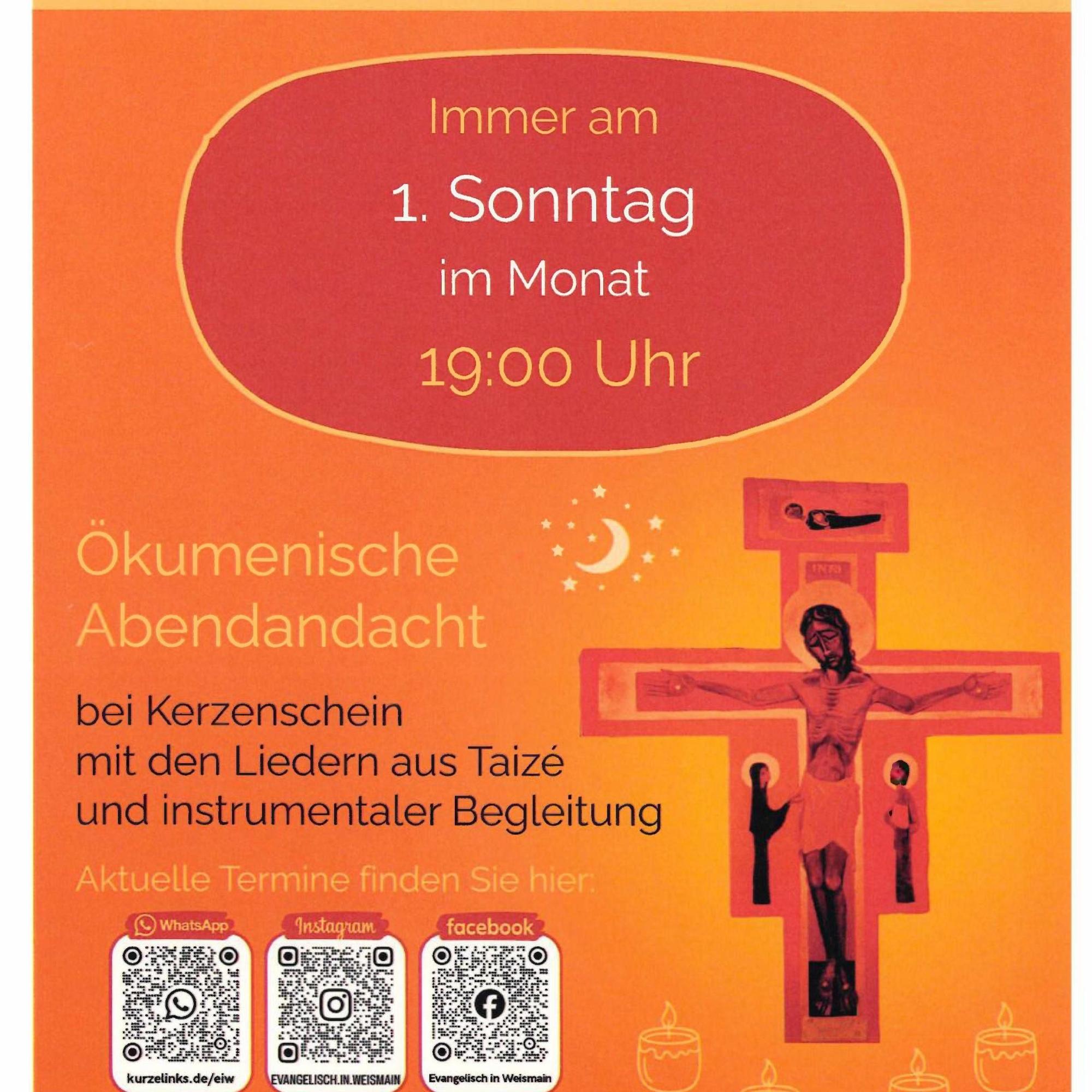 Taizé-Gebet, immer am 1. Sonntag im Monat um 19:00 Uhr, ökumenische Abendandacht bei Kerzenschein mit den Liedern aus Taizè und instrumentaler Begleitung, in der Christuskirche Weismain, Am Stadtgraben